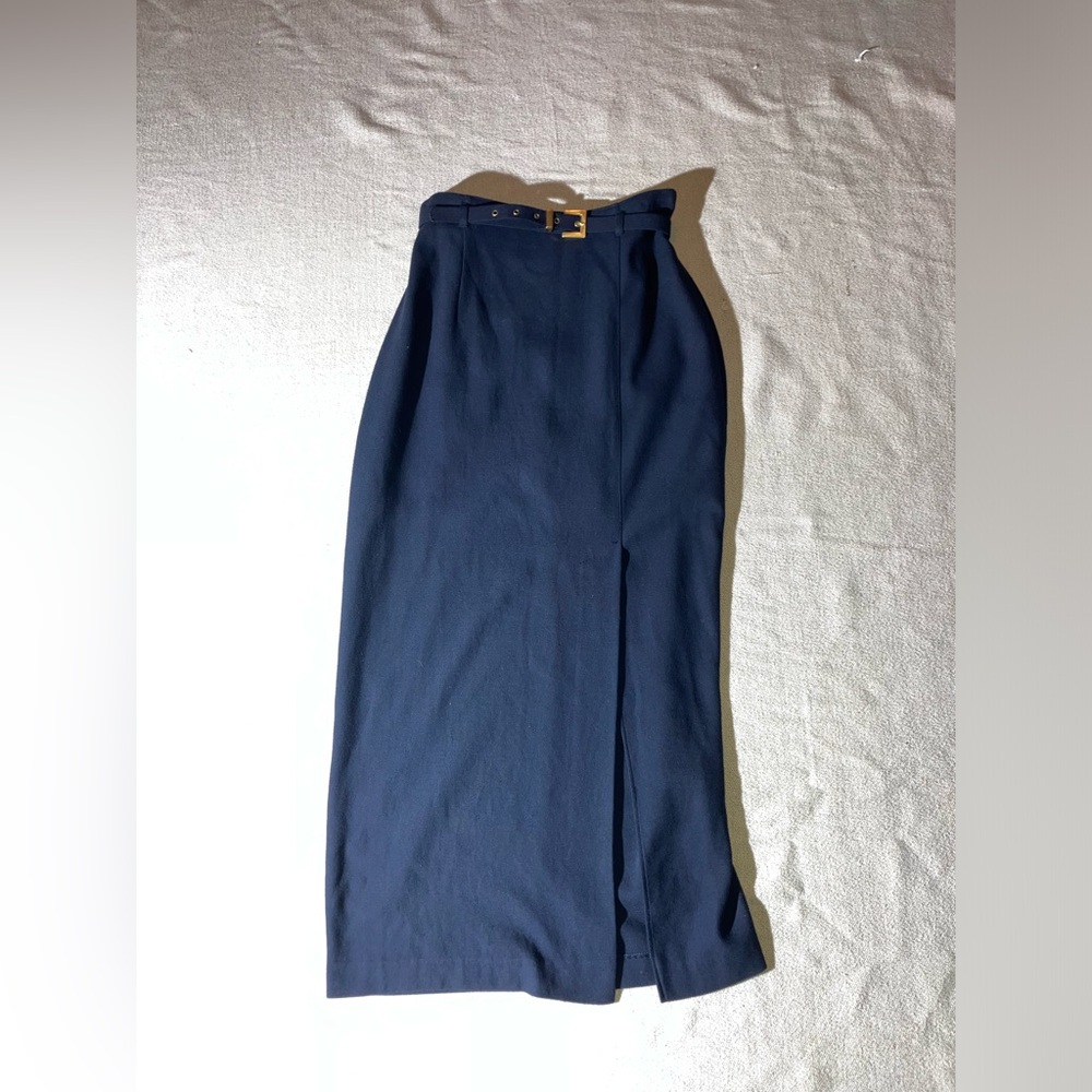Beechers Brook Vintage High Waist Fitted Pencil Maxi Skirt Navy Blue Gol…